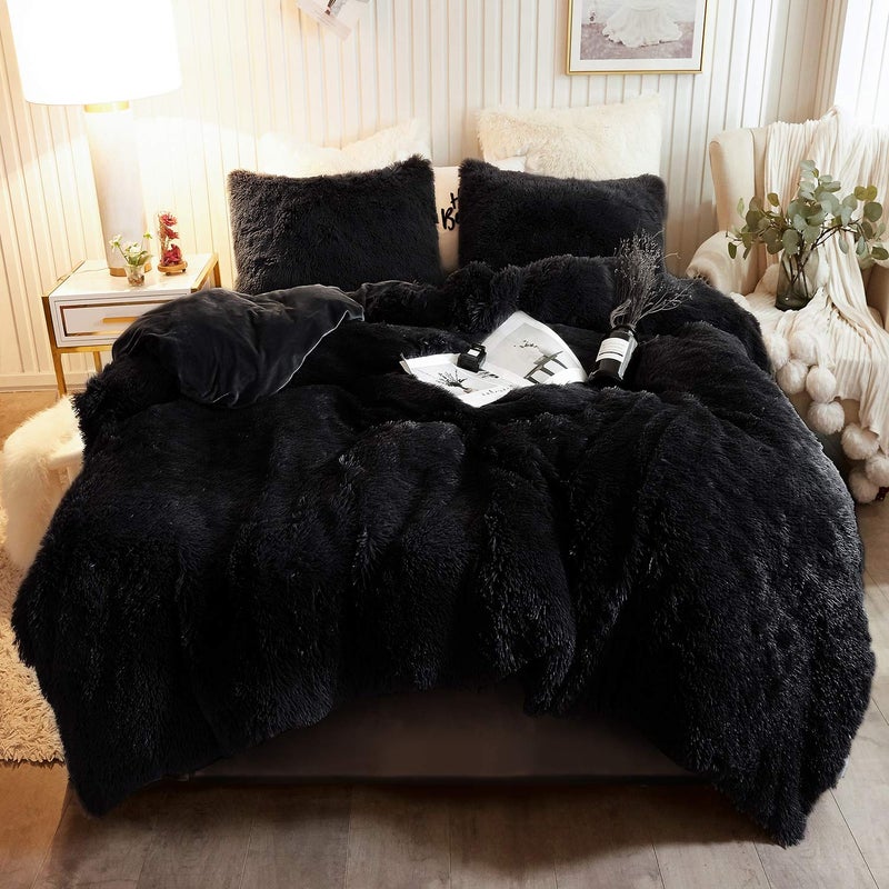 XeGe Plush Shaggy Duvet Cover Set, Luxury Ultra Soft Crystal Velvet Fluffy Bedding Sets 3 Pieces(1 Furry Faux Fur Comforter Cover + 2 Fuzzy Faux Fur Pillow Cases), Zipper Closure(King, Black) - Image 1